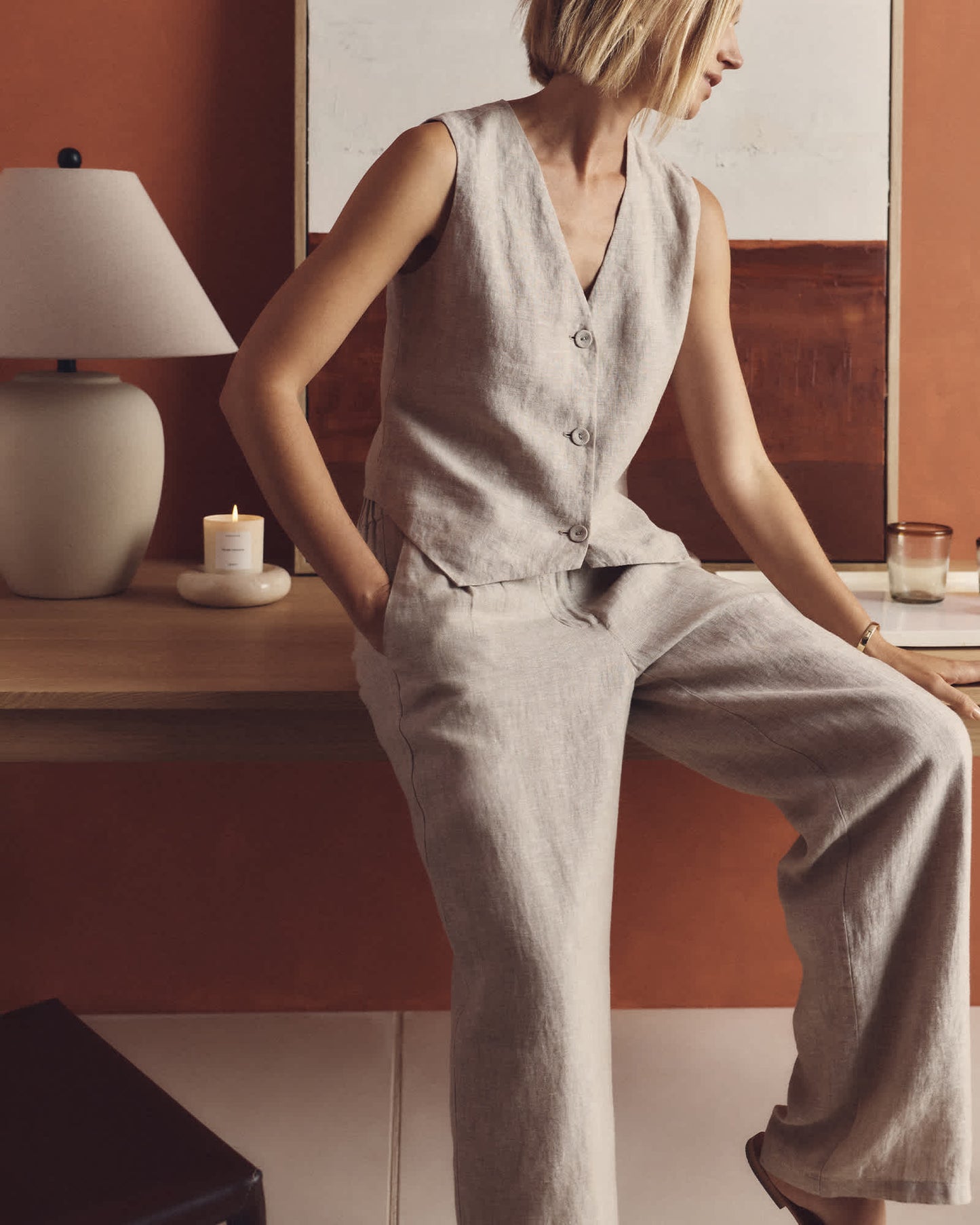 High-waisted loose linen pants